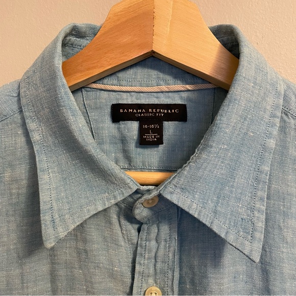 Blue Linen Button Down Long Sleeve Shirt - Picture 3 of 7